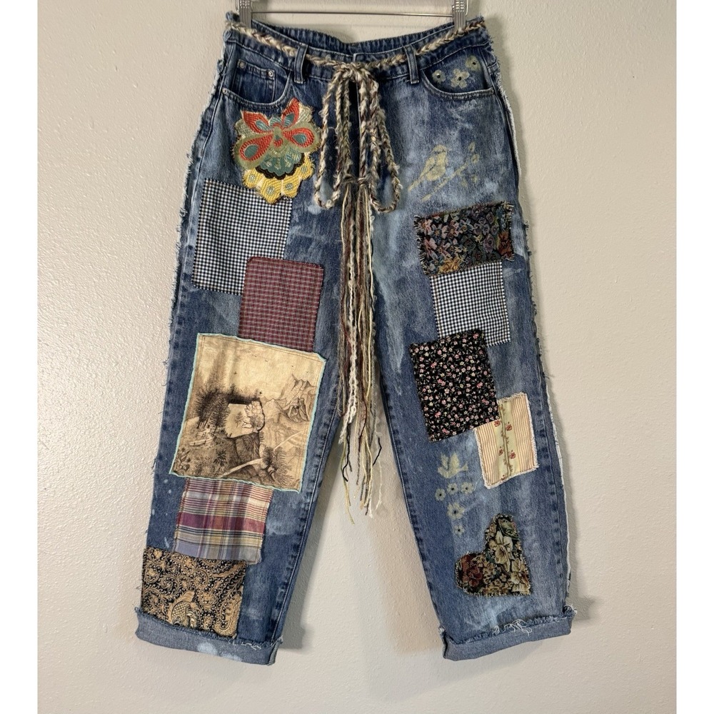 OOAK Reworked Patchwork Denim Jeans Whimsigoth Lagenlook Boho Distressed Sz 29 - Picture 1 of 10